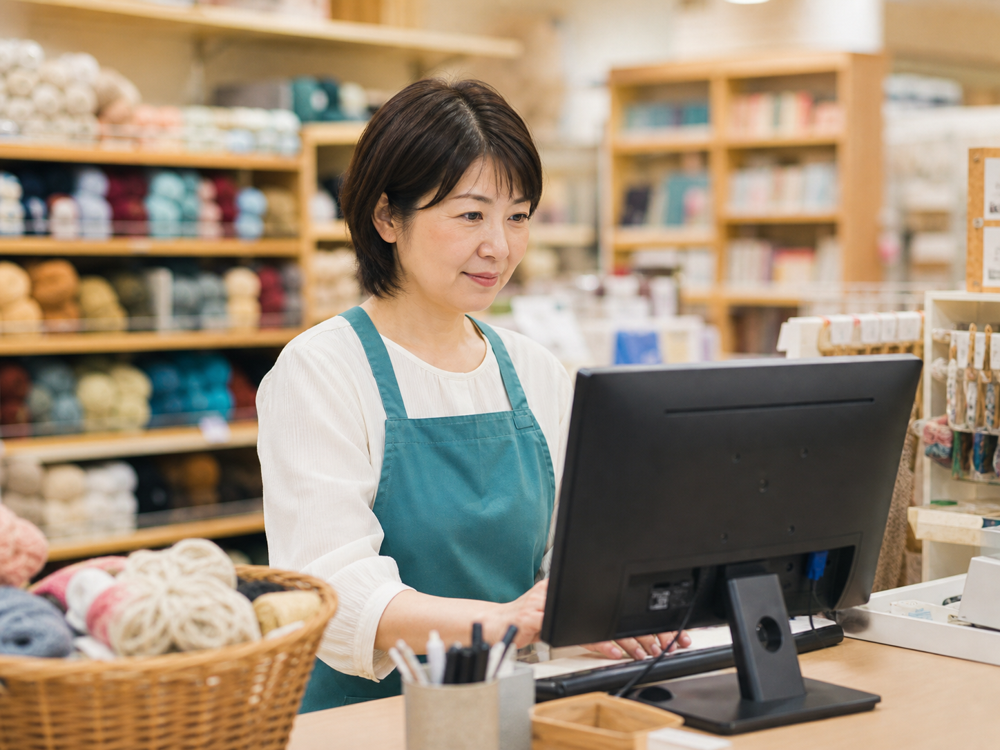 手芸店の店頭でパソコンを使い、お客様からの問い合わせを確認する担当者