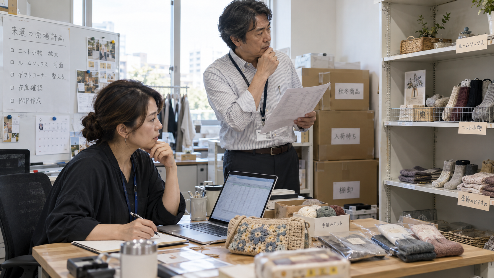 売上の表と在庫を見て、来週の売場を相談する店舗担当者