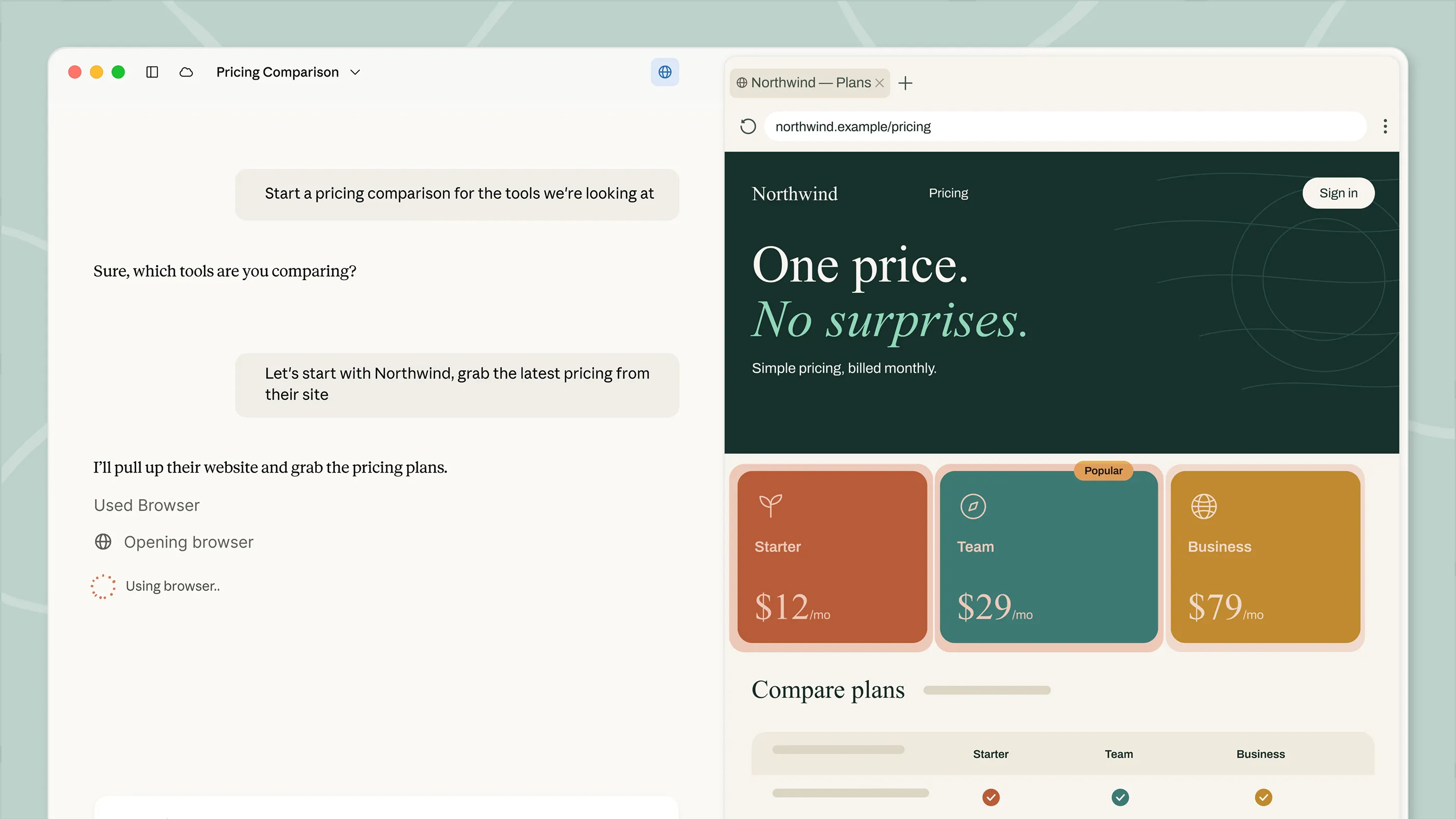 公式のCowork紹介画面。左で価格比較を依頼し、右でサイトを開いている。
