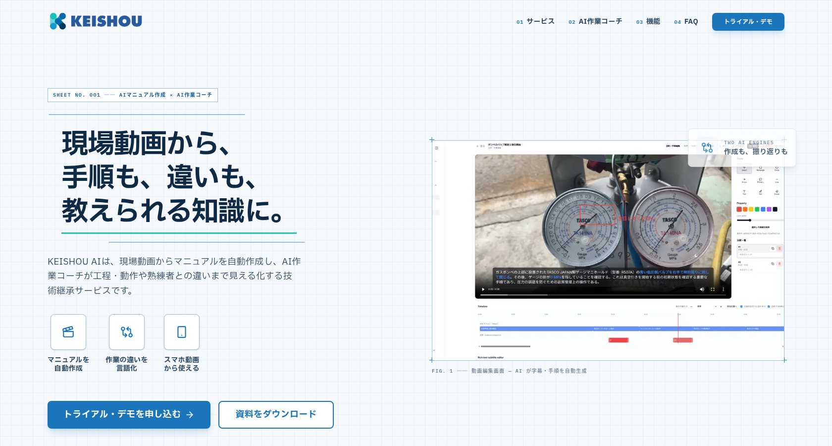 KEISHOU AI公式サイト。現場動画からマニュアルを自動作成し、作業の違いを言語化するサービスを紹介している。