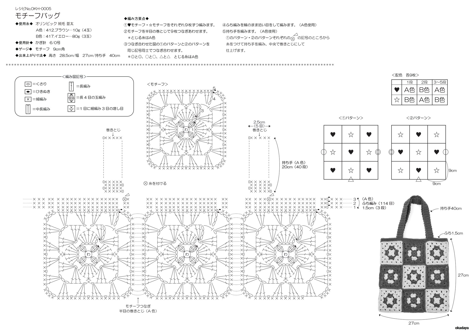AIに渡した編み図。レシピNo.OKH-0005 モチーフバッグ。記号を3か所消してある