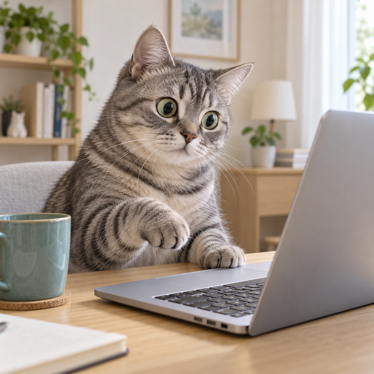 パソコンでAIを試す猫