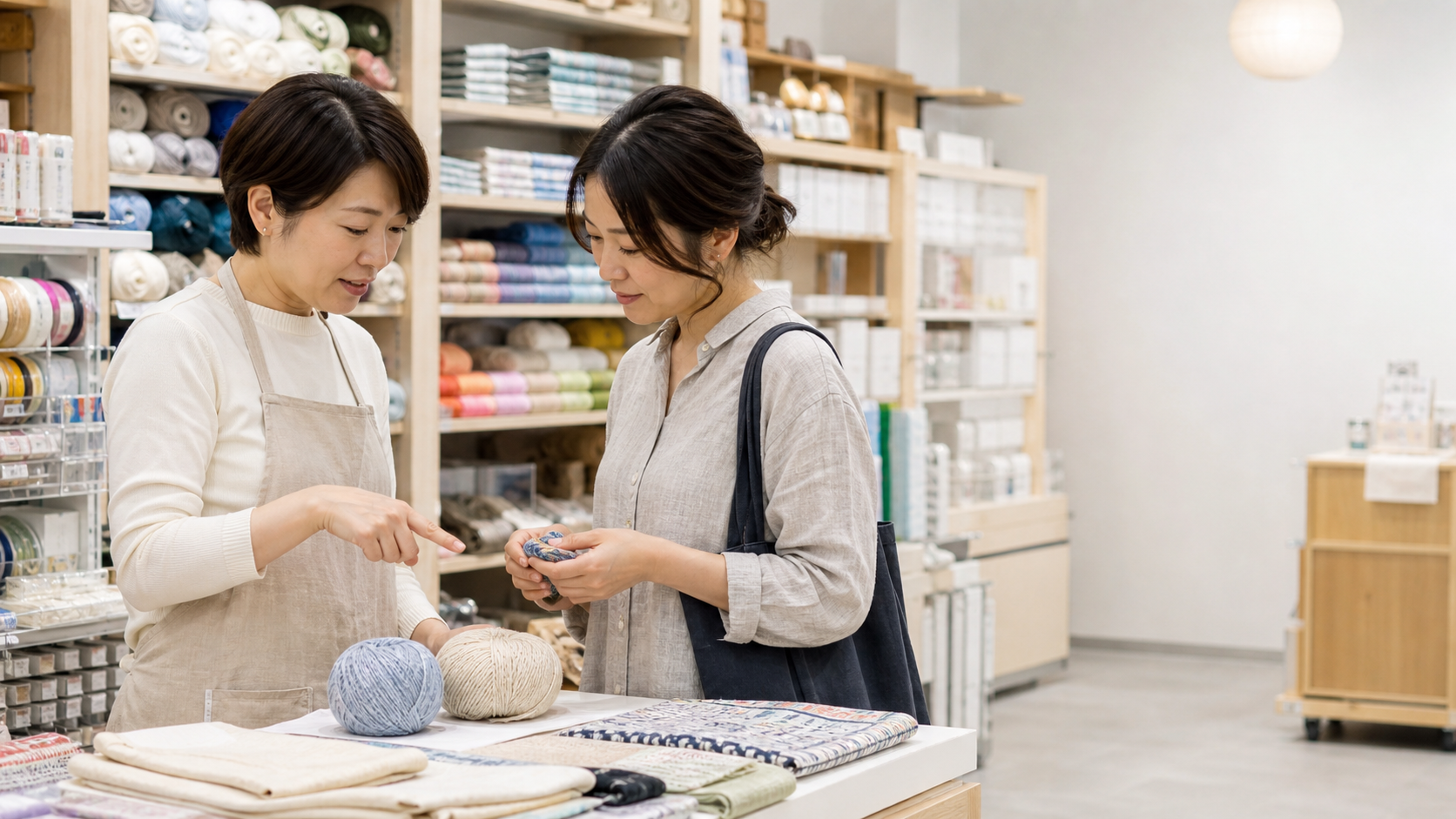 手芸店でスタッフがお客様と毛糸や生地を見ながら相談している様子